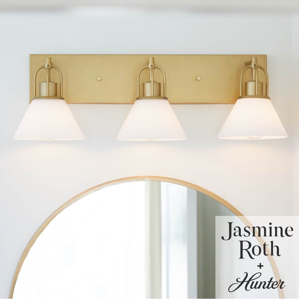 Hunter 13170 Luxe Gold Carrington Isle Luxe Gold With Cased White Glass Glass 3 Light Bathroom Vanity Wall Light Fixture Image 5