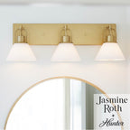 Hunter 13170 Luxe Gold Carrington Isle Luxe Gold With Cased White Glass Glass 3 Light Bathroom Vanity Wall Light Fixture Image 5