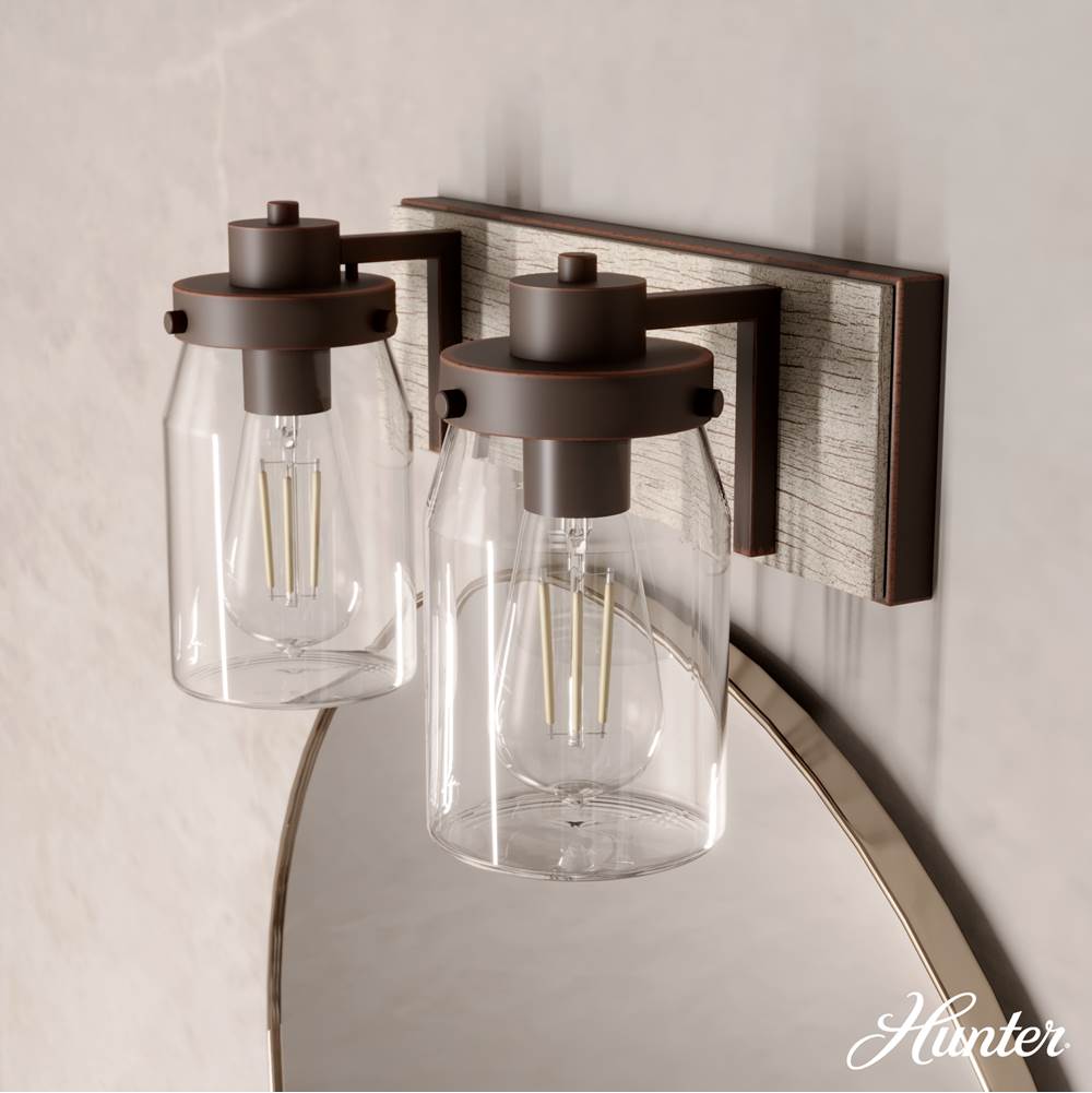 Hunter 48018 Onyx Bengal,Barnwood Devon Park Onyx Bengal And Barnwood With Clear Glass 2 Light Vanity Wall Light Fixture Image 4