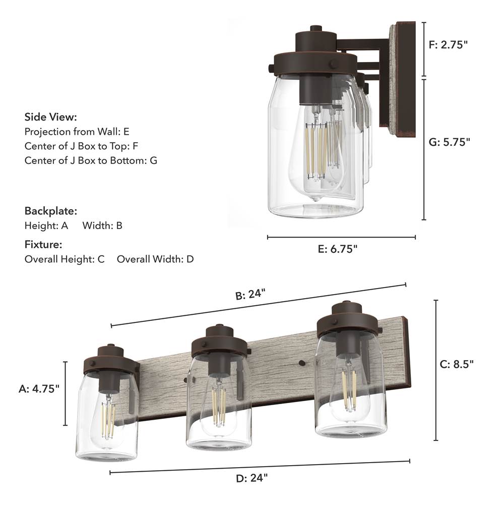 Hunter 48021 Onyx Bengal,Barnwood Devon Park Onyx Bengal And Barnwood With Clear Glass 3 Light Vanity Wall Light Fixture Image 3