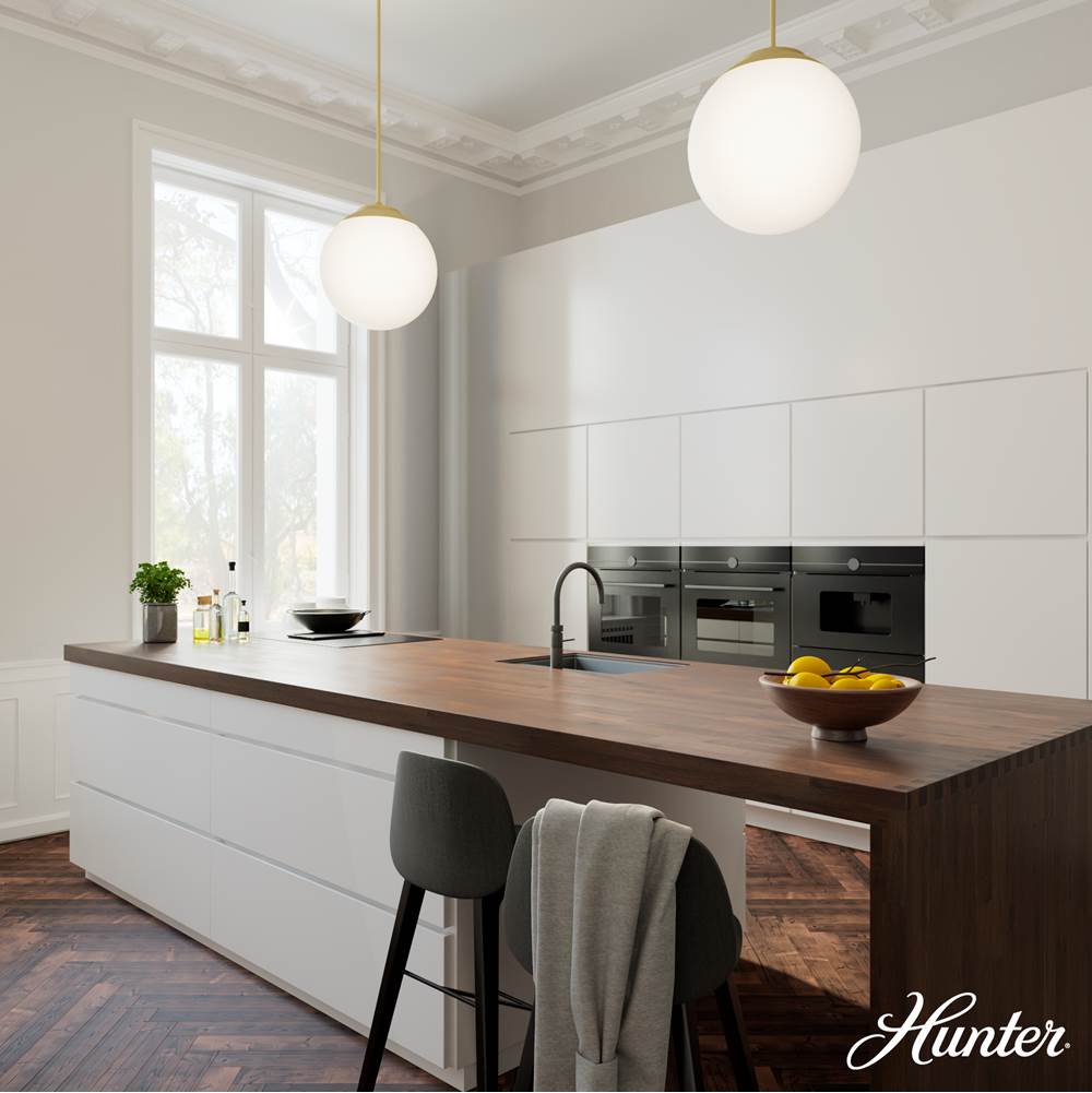 Hunter 19850 Painted Modern Brass Hepburn Painted Modern Brass With Cased White Glass 3 Light Pendant Ceiling Light Fixture Image 6