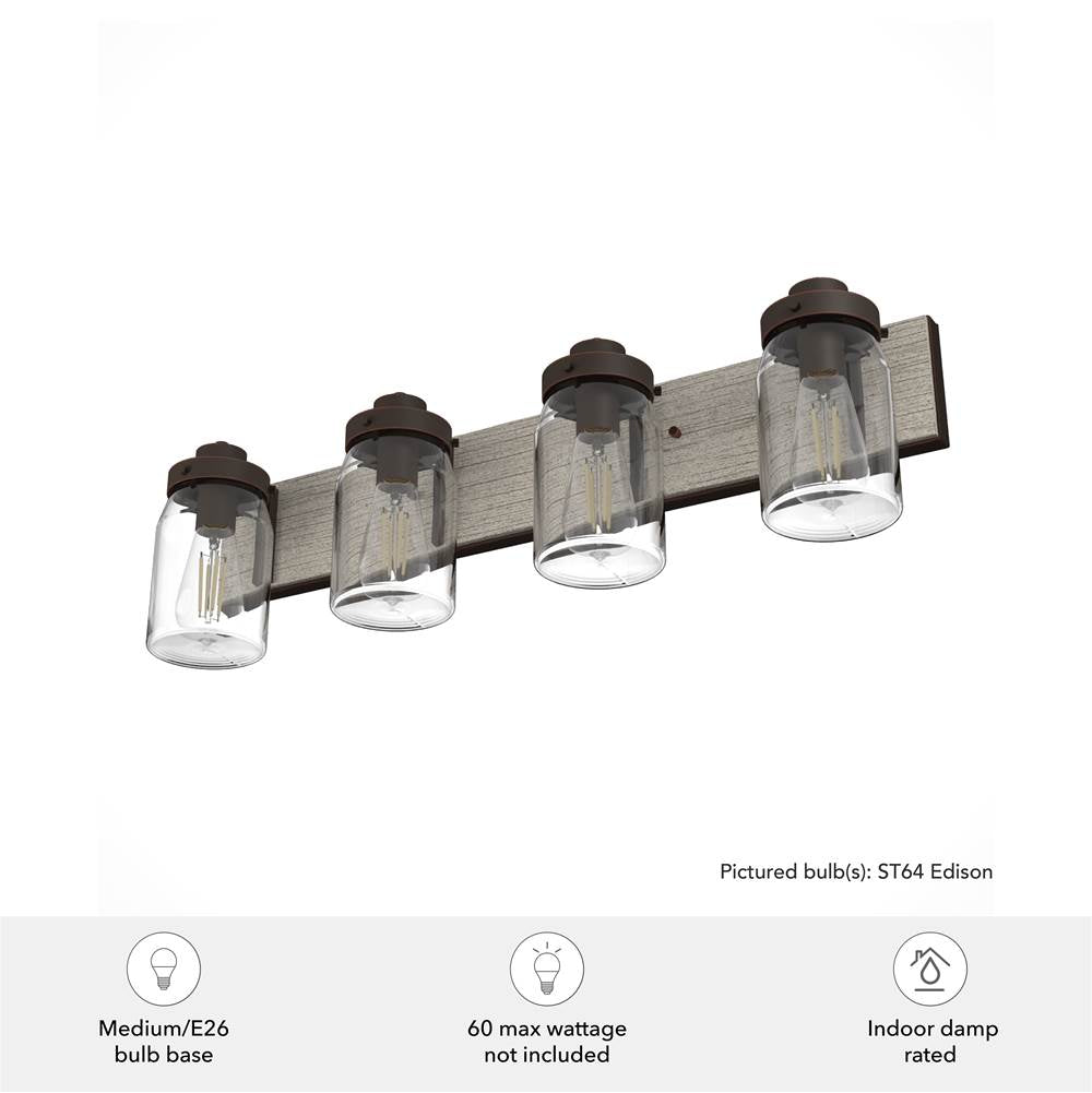 Hunter 48023 Onyx Bengal,Barnwood Devon Park Onyx Bengal And Barnwood With Clear Glass 4 Light Vanity Wall Light Fixture Image 2
