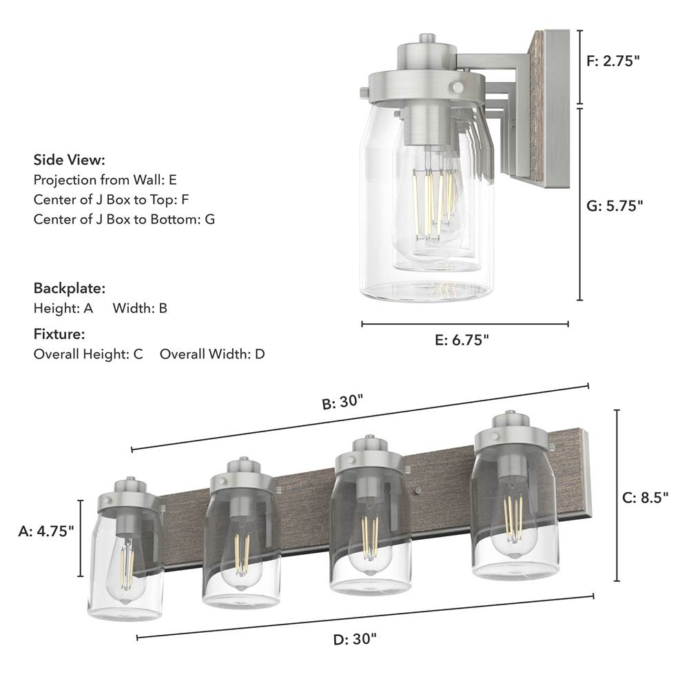 Hunter 48022 Brushed Nickel,Grey Wood Devon Park Brushed Nickel And Grey Wood With Clear Glass 4 Light Vanity Wall Light Fixture Image 3