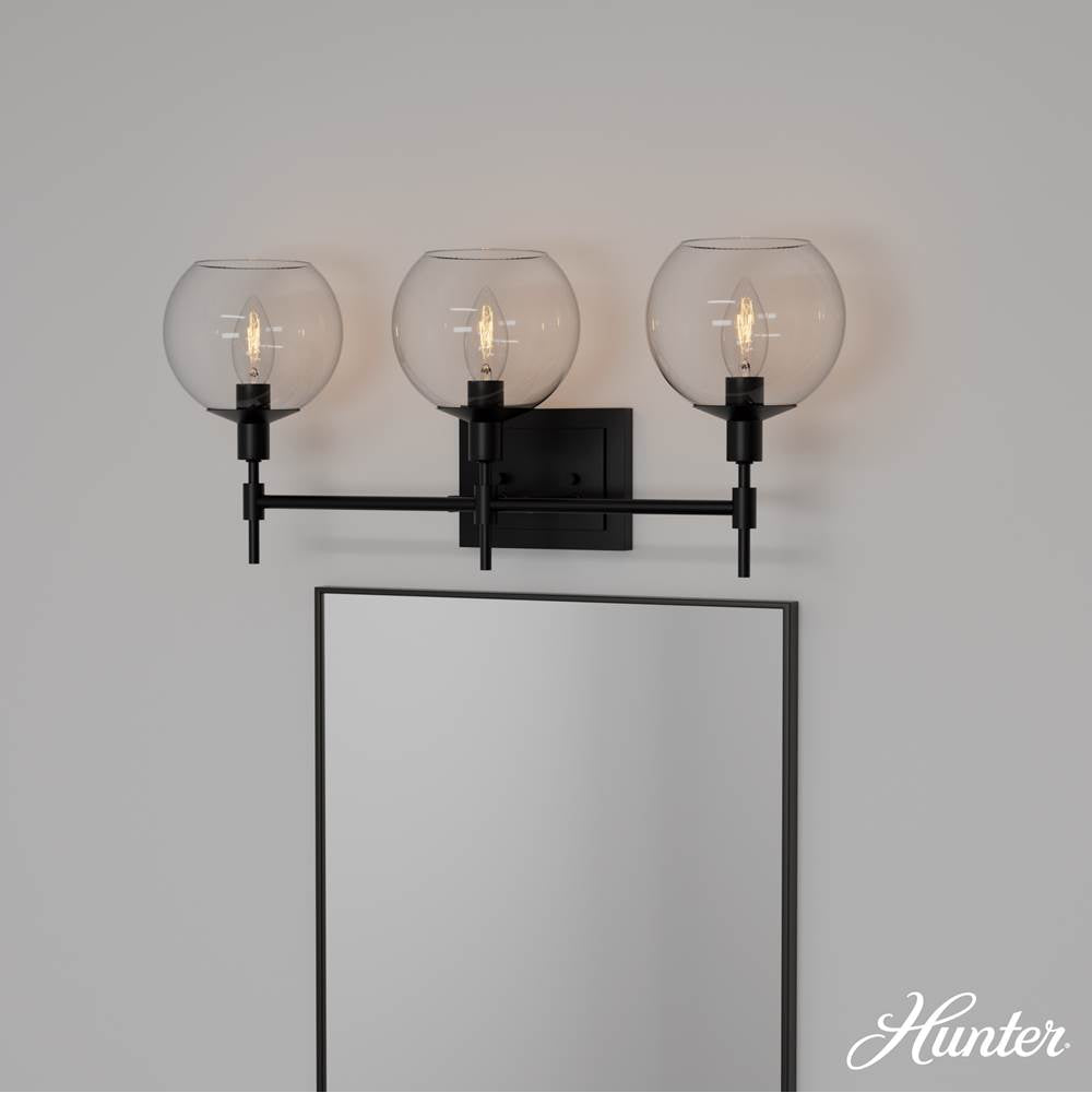 Hunter 19509 Matte Black Xidane Matte Black With Clear Glass 3 Light Bathroom Vanity Wall Light Fixture Image 4