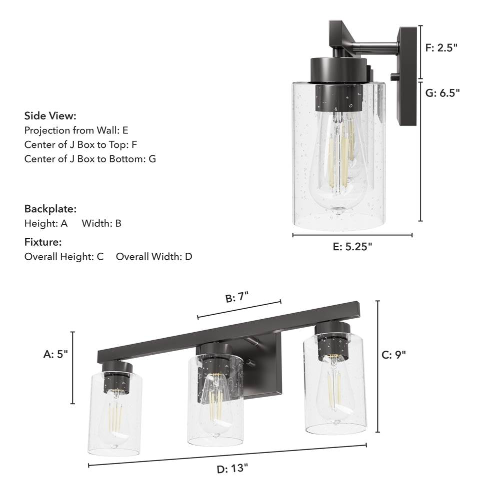 Hunter 13079 Noble Bronze Hartland Noble Bronze With Seeded Glass 3 Light Vanity Wall Light Fixture Image 3
