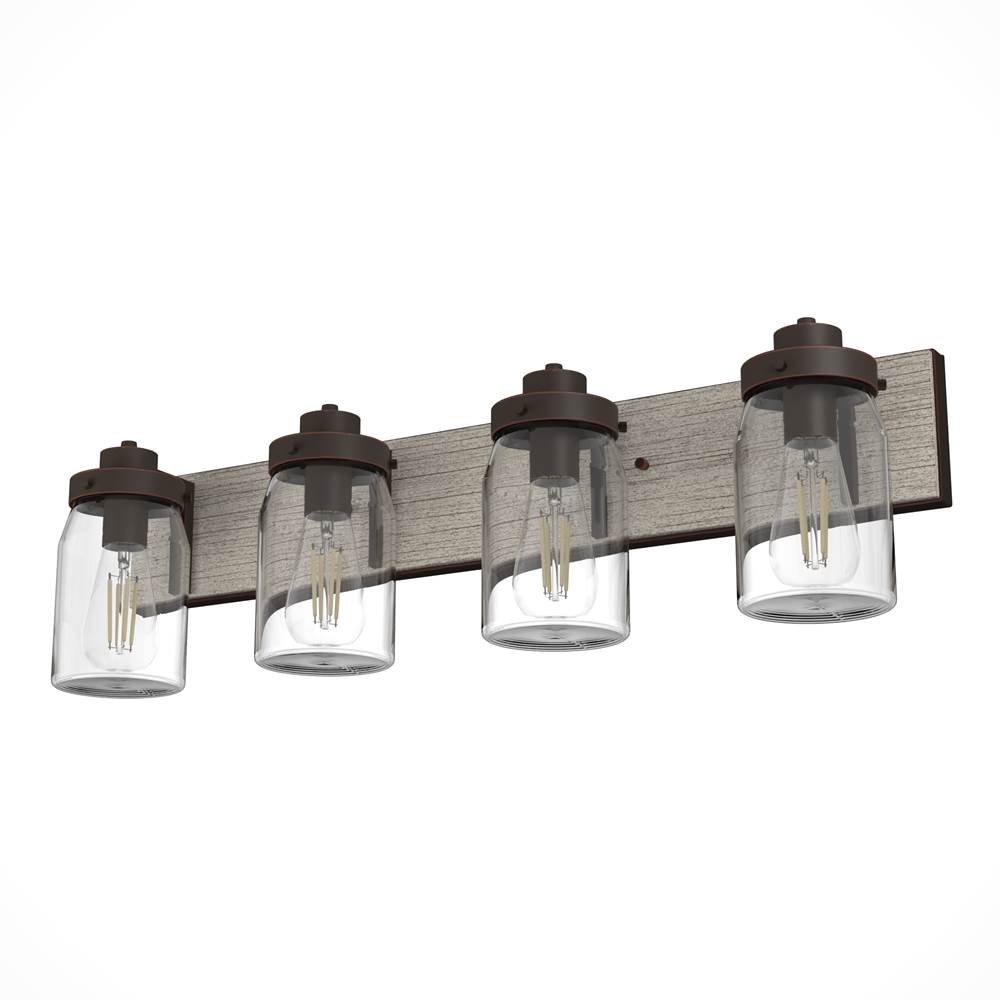 Hunter 48023 Onyx Bengal,Barnwood Devon Park Onyx Bengal And Barnwood With Clear Glass 4 Light Vanity Wall Light Fixture Image 1