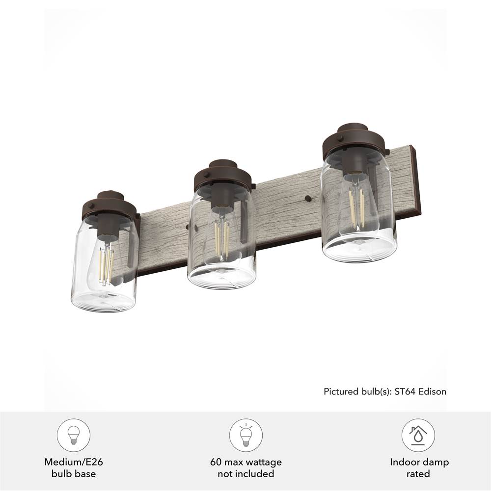 Hunter 48021 Onyx Bengal,Barnwood Devon Park Onyx Bengal And Barnwood With Clear Glass 3 Light Vanity Wall Light Fixture Image 2