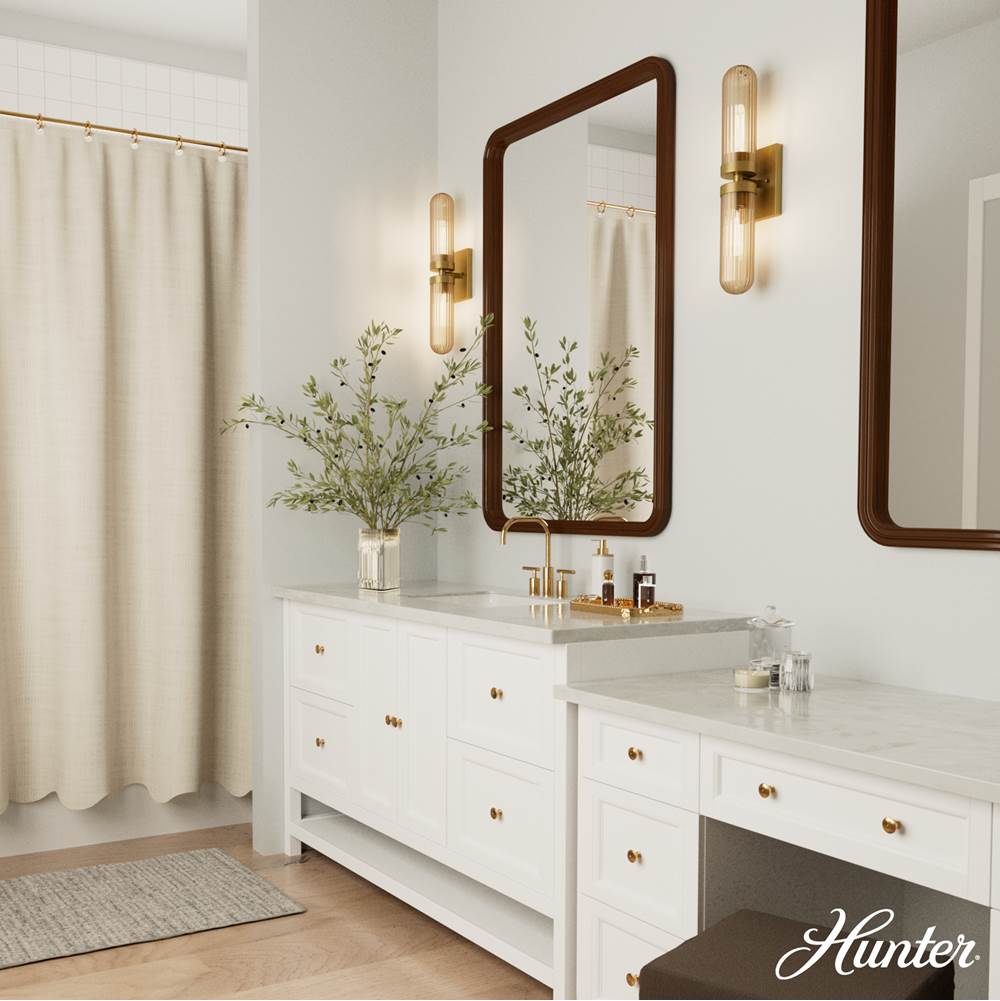 Hunter 13239 Luxe Gold Beverly Glen Luxe Gold With Amber Glass 2 Light Bathroom Vanity Wall Light Fixture Image 3