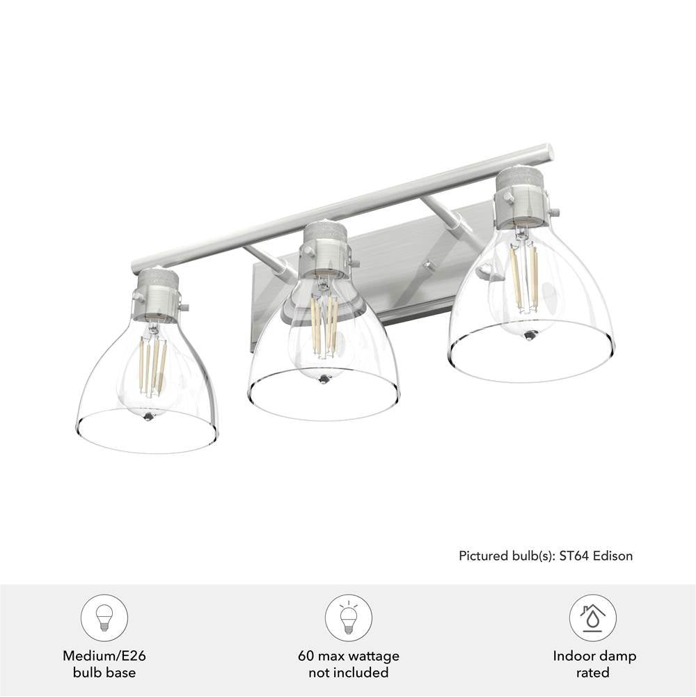 Hunter 48036 Brushed Nickel Van Nuys Brushed Nickel With Clear Glass 3 Light Vanity Wall Light Fixture Image 2