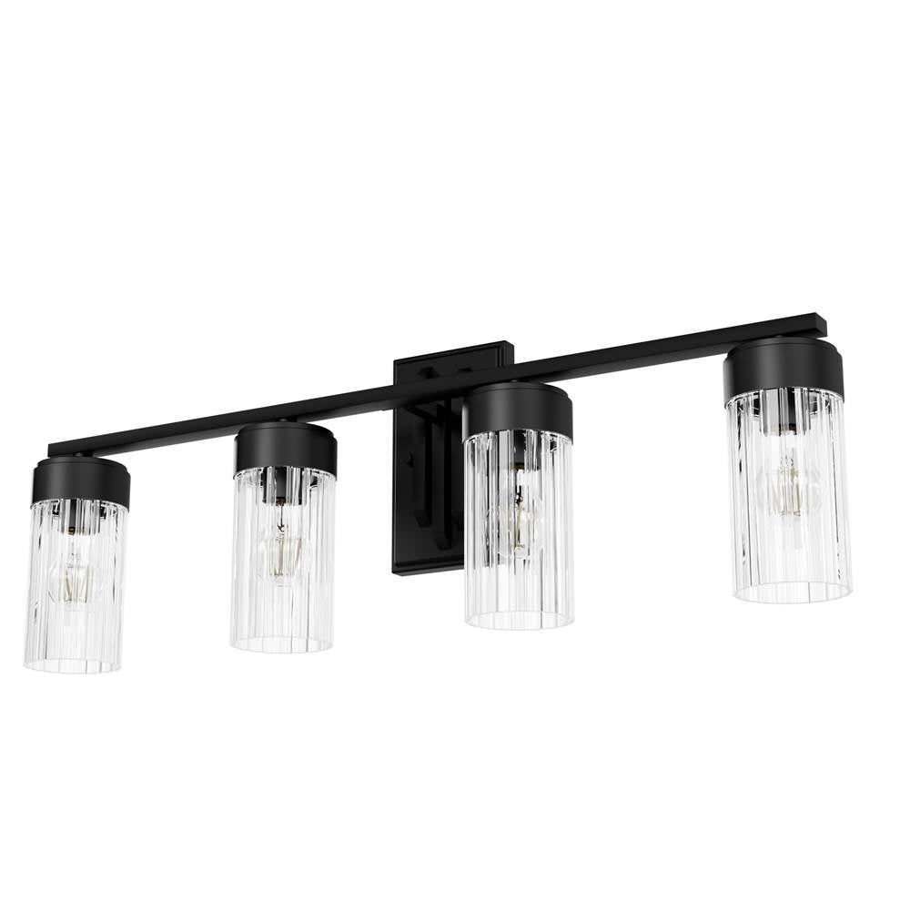 Hunter 45223 Matte Black Gatz Matte Black With Clear Fluted Glass 4 Light Bathroom Vanity Wall Light Fixture Image 1