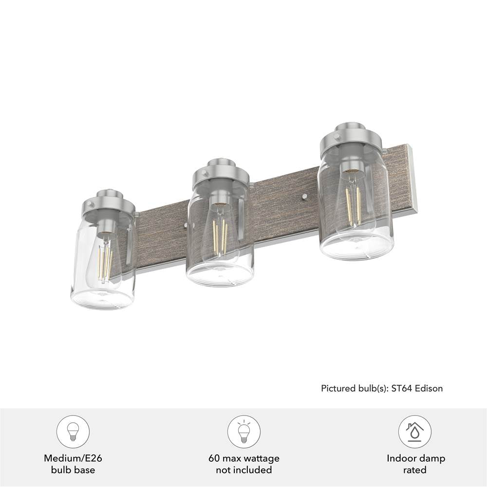 Hunter 48020 Brushed Nickel,Grey Wood Devon Park Brushed Nickel And Grey Wood With Clear Glass 3 Light Vanity Wall Light Fixture Image 2