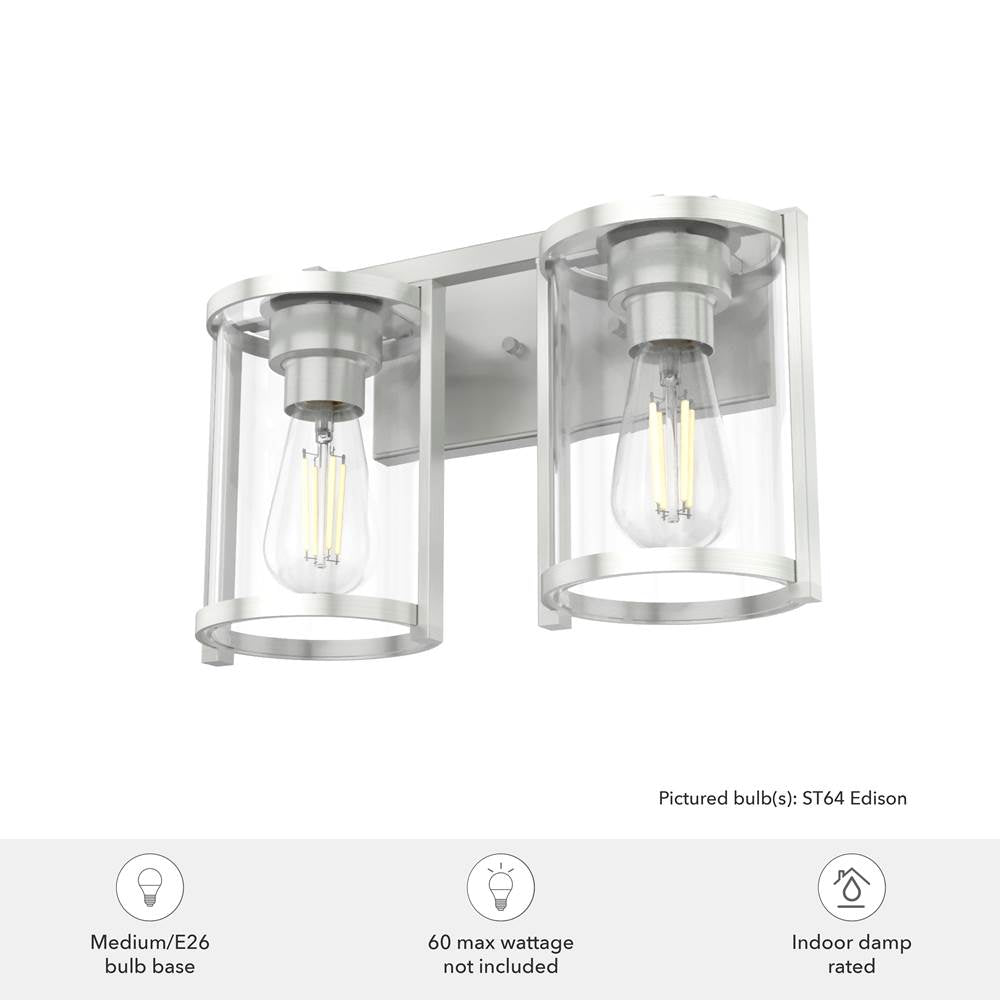 Hunter 48002 Brushed Nickel Astwood Brushed Nickel With Clear Glass 2 Light Vanity Wall Light Fixture Image 2