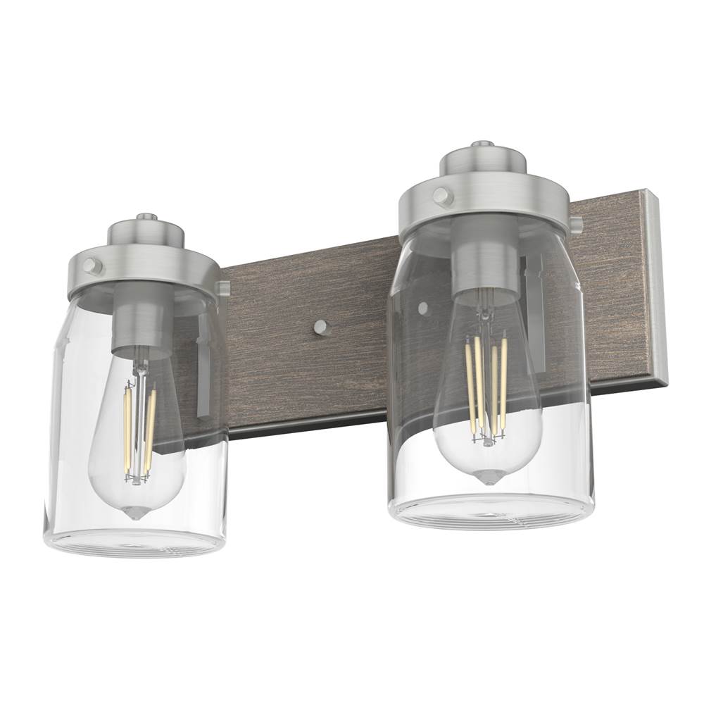 Hunter 48019 Brushed Nickel,Grey Wood Devon Park Brushed Nickel And Grey Wood With Clear Glass 2 Light Vanity Wall Light Fixture Image 1