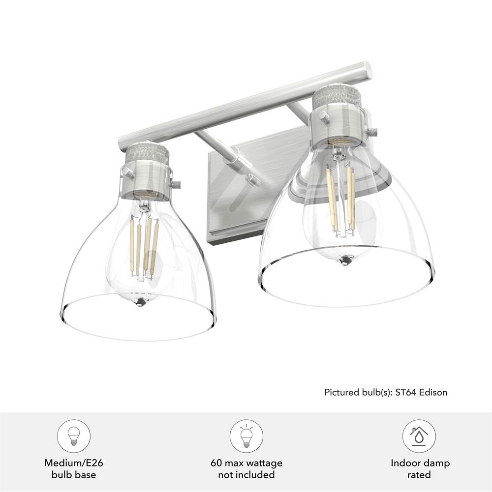 Hunter 48033 Brushed Nickel Van Nuys Brushed Nickel With Clear Glass 2 Light Vanity Wall Light Fixture Image 2