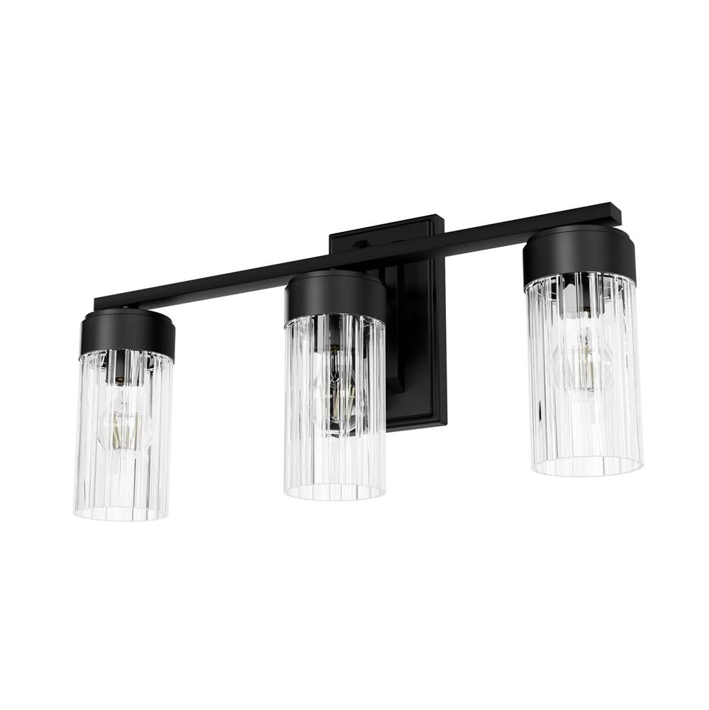 Hunter 45222 Matte Black Gatz Matte Black With Clear Fluted Glass 3 Light Bathroom Vanity Wall Light Fixture Image 1