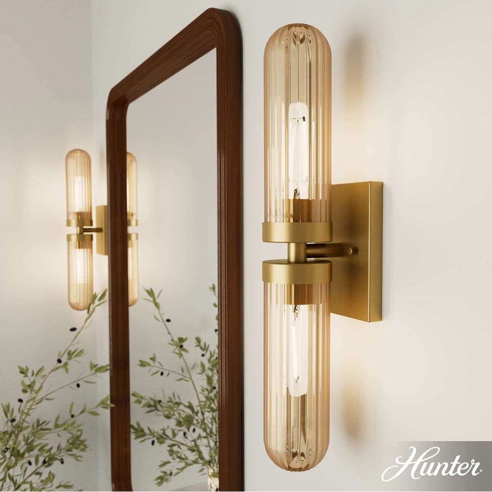 Hunter 13239 Luxe Gold Beverly Glen Luxe Gold With Amber Glass 2 Light Bathroom Vanity Wall Light Fixture Image 2