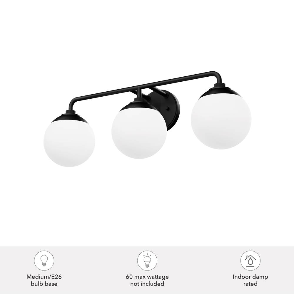 Hunter 45226 Matte Black Hepburn Matte Black With Cased White Glass 3 Light Bathroom Vanity Wall Light Fixture Image 2
