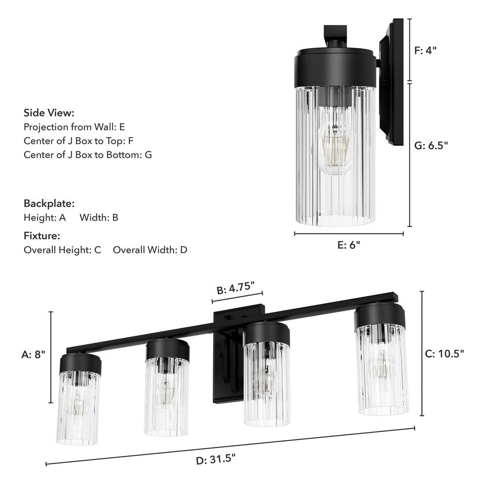 Hunter 45223 Matte Black Gatz Matte Black With Clear Fluted Glass 4 Light Bathroom Vanity Wall Light Fixture Image 3