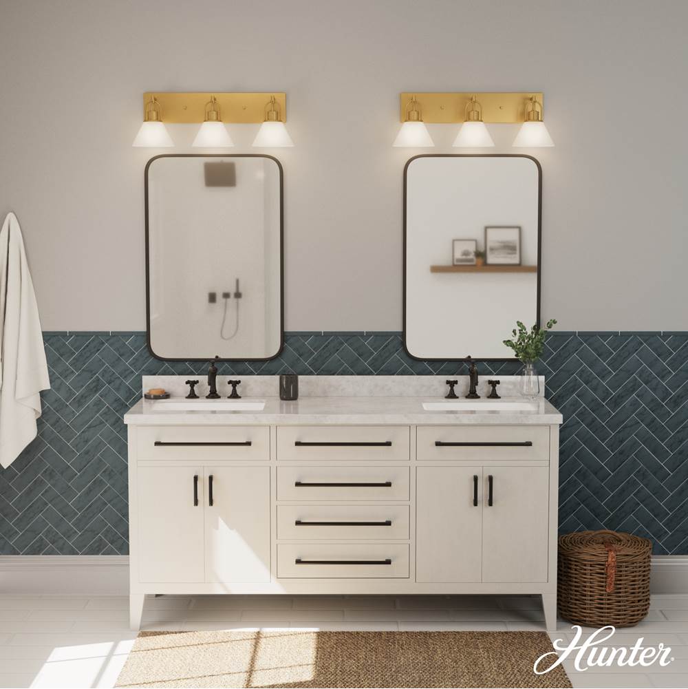 Hunter Carrington Isle Carrington Isle Luxe Gold With Cased White Glass 3 Light Bathroom Vanity Wall Light Fixture