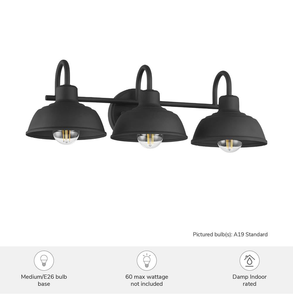 Hunter 48230 Matte Black Hunter Mill Valley Matte Black 3 Light Medium Bathroom Vanity Wall Light Fixture Image 6