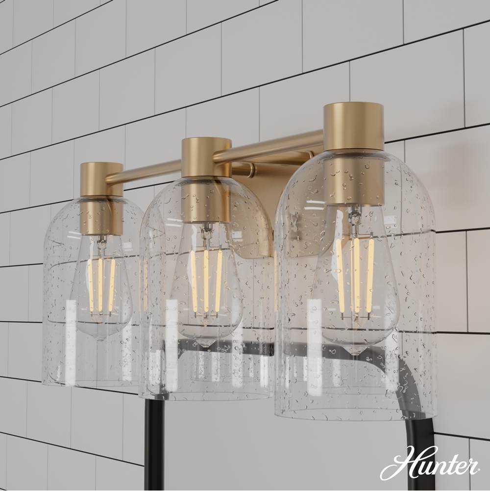 Hunter 45229 Alturas Gold Lochemeade Alturas Gold With Clear Seeded Glass 3 Light Bathroom Vanity Wall Light Fixture Image 4