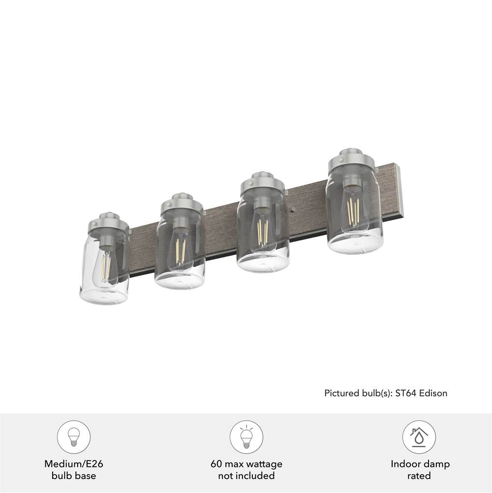 Hunter 48022 Brushed Nickel,Grey Wood Devon Park Brushed Nickel And Grey Wood With Clear Glass 4 Light Vanity Wall Light Fixture Image 2