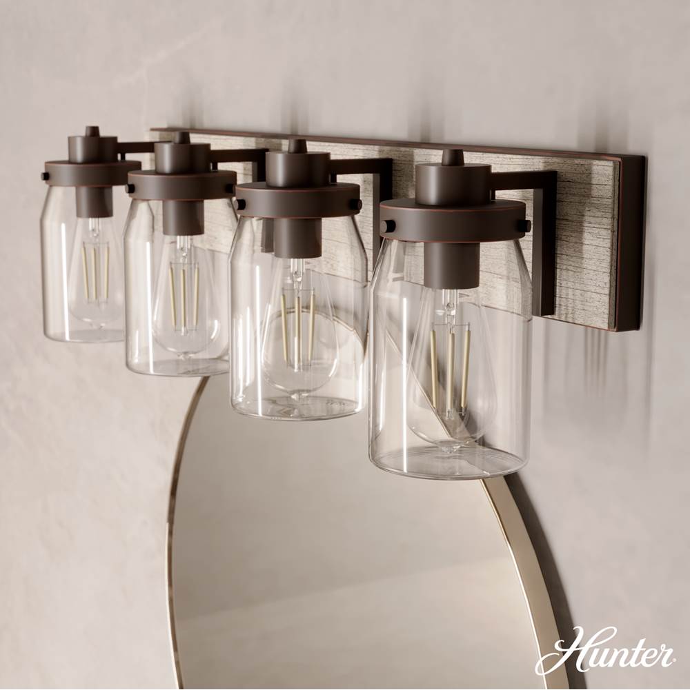 Hunter 48023 Onyx Bengal,Barnwood Devon Park Onyx Bengal And Barnwood With Clear Glass 4 Light Vanity Wall Light Fixture Image 4