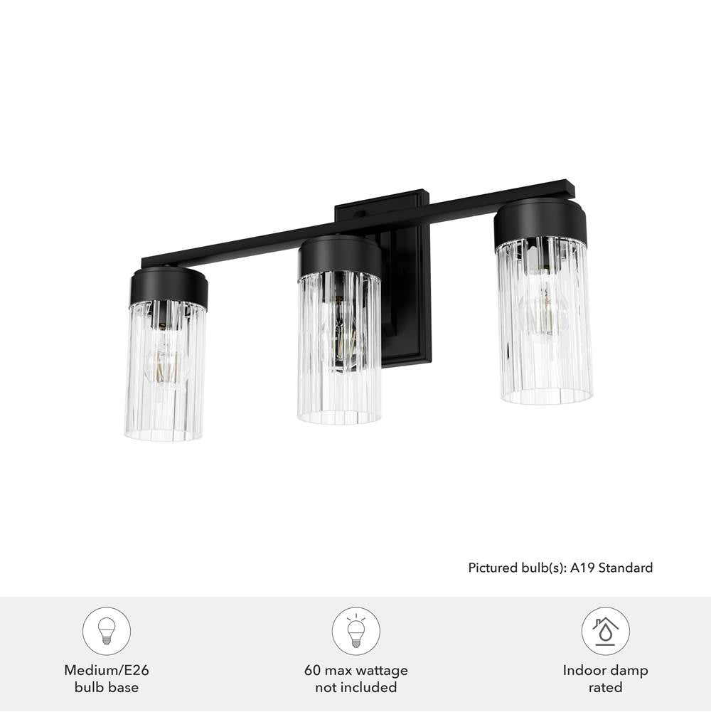 Hunter 45222 Matte Black Gatz Matte Black With Clear Fluted Glass 3 Light Bathroom Vanity Wall Light Fixture Image 2