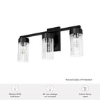 Hunter 45222 Matte Black Gatz Matte Black With Clear Fluted Glass 3 Light Bathroom Vanity Wall Light Fixture Image 2