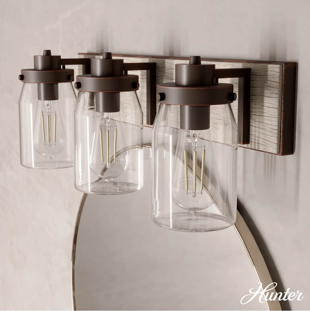Hunter 48021 Onyx Bengal,Barnwood Devon Park Onyx Bengal And Barnwood With Clear Glass 3 Light Vanity Wall Light Fixture Image 4