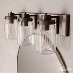 Hunter 48021 Onyx Bengal,Barnwood Devon Park Onyx Bengal And Barnwood With Clear Glass 3 Light Vanity Wall Light Fixture Image 4