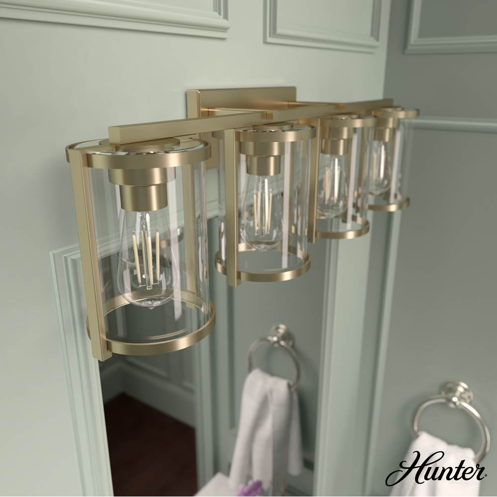 Hunter 48011 Alturas Gold Astwood Alturas Gold With Clear Glass 4 Light Vanity Wall Light Fixture Image 4