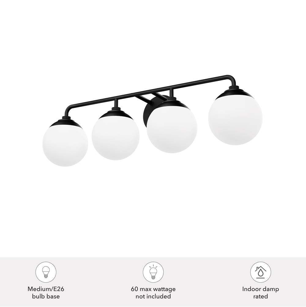 Hunter 45221 Matte Black Hepburn Matte Black With Cased White Glass 4 Light Bathroom Vanity Wall Light Fixture Image 2