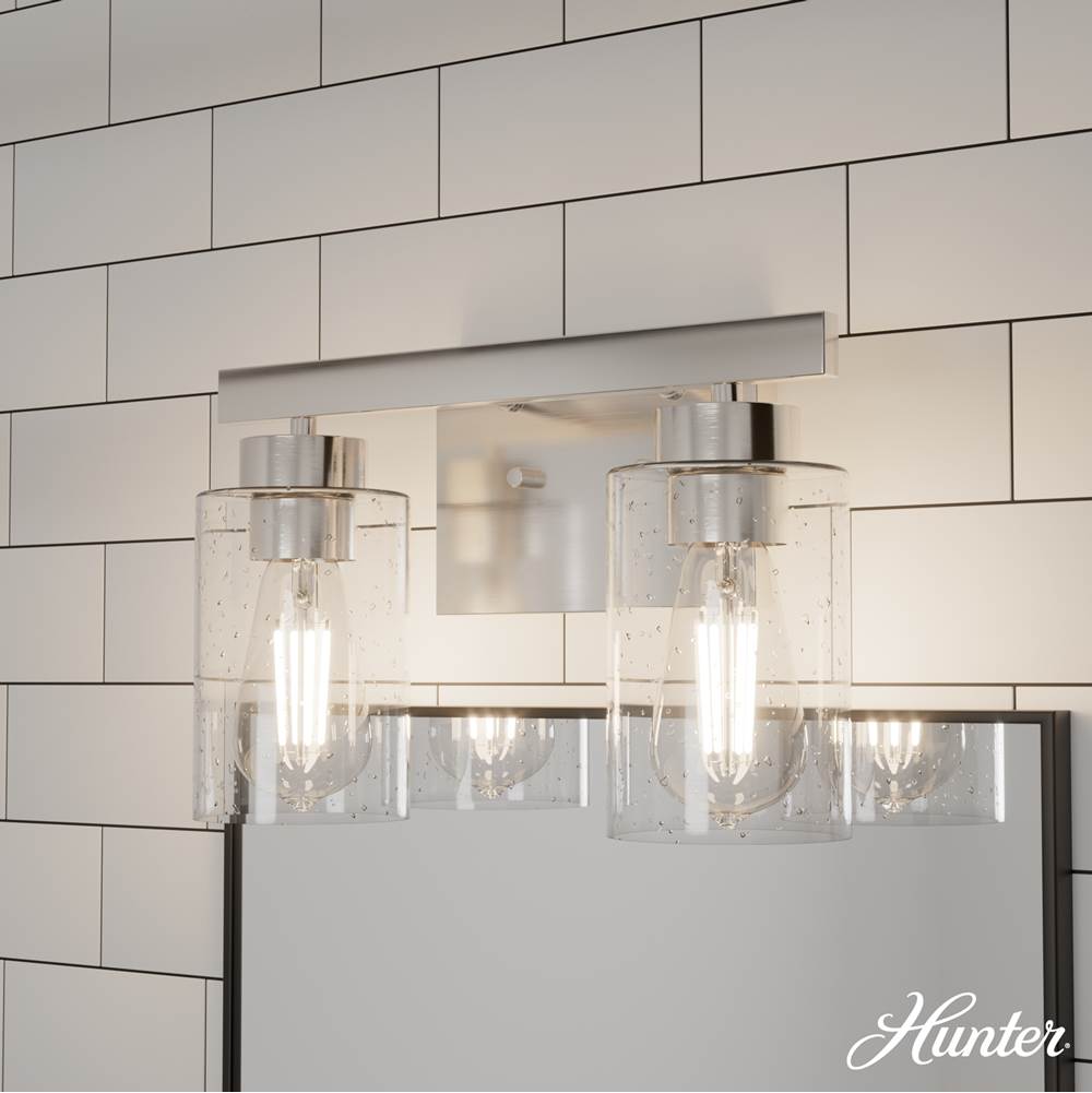 Hunter 13074 Brushed Nickel Hartland Brushed Nickel With Seeded Glass 2 Light Vanity Wall Light Fixture Image 4