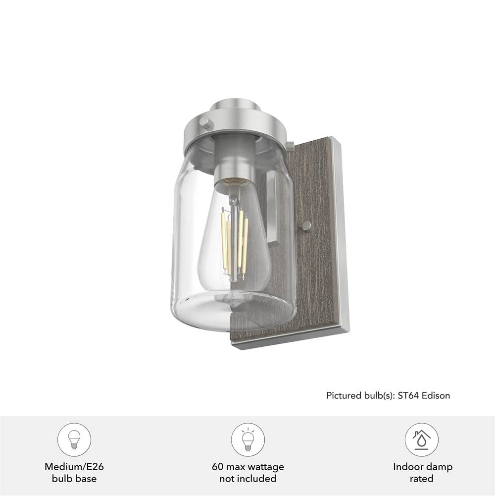 Hunter 48016 Brushed Nickel,Grey Wood Devon Park Brushed Nickel And Grey Wood With Clear Glass 1 Light Sconce Wall Light Fixture Image 2