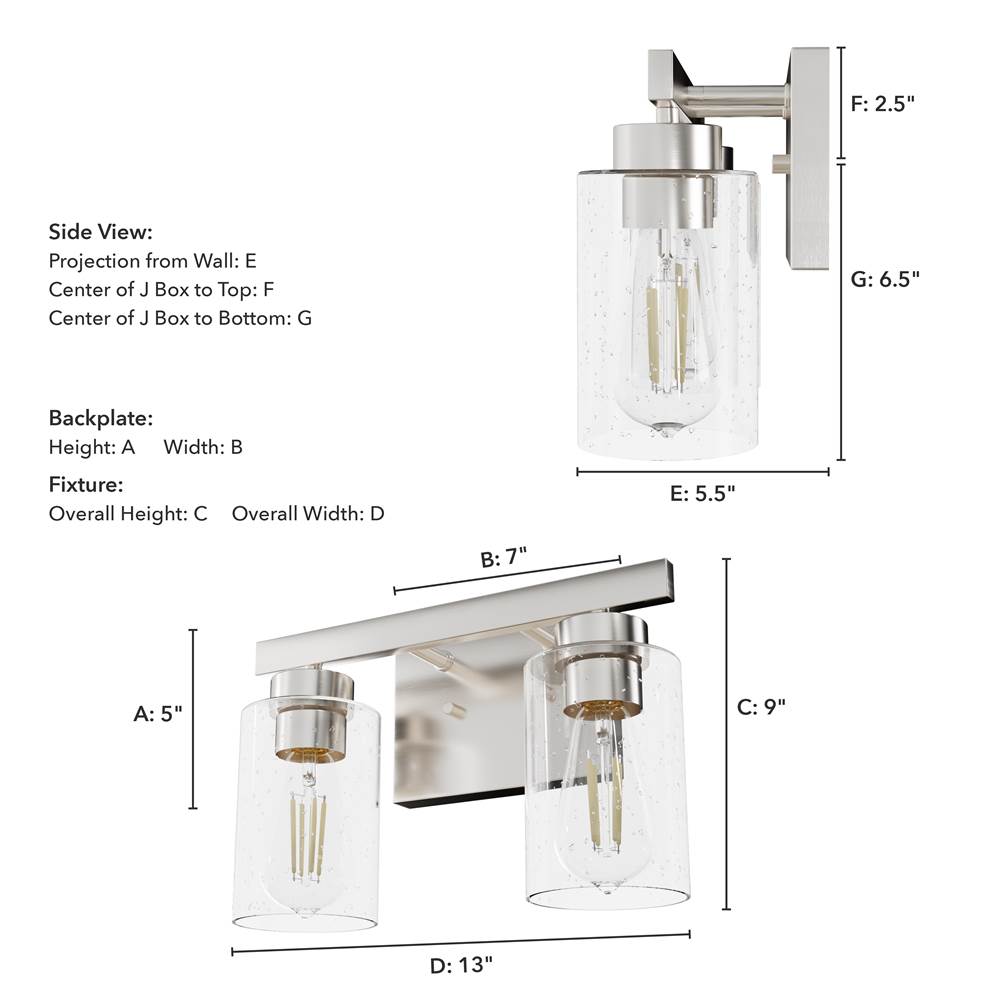 Hunter 13074 Brushed Nickel Hartland Brushed Nickel With Seeded Glass 2 Light Vanity Wall Light Fixture Image 3