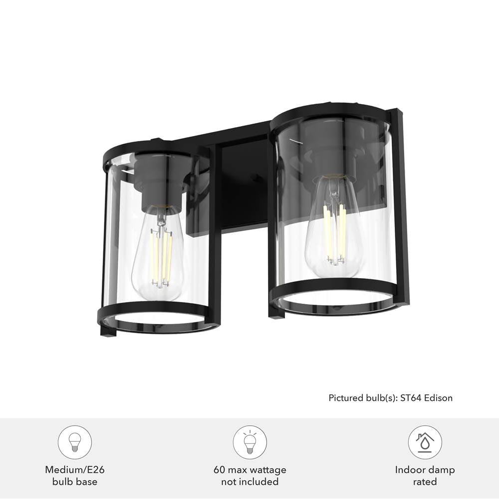Hunter 48000 Matte Black Astwood Matte Black With Clear Glass 2 Light Vanity Wall Light Fixture Image 2