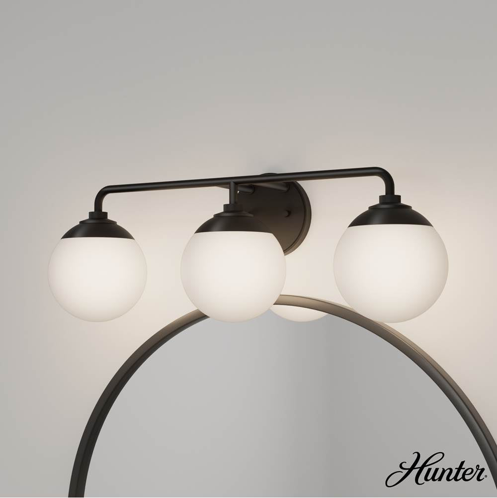 Hunter 45226 Matte Black Hepburn Matte Black With Cased White Glass 3 Light Bathroom Vanity Wall Light Fixture Image 4