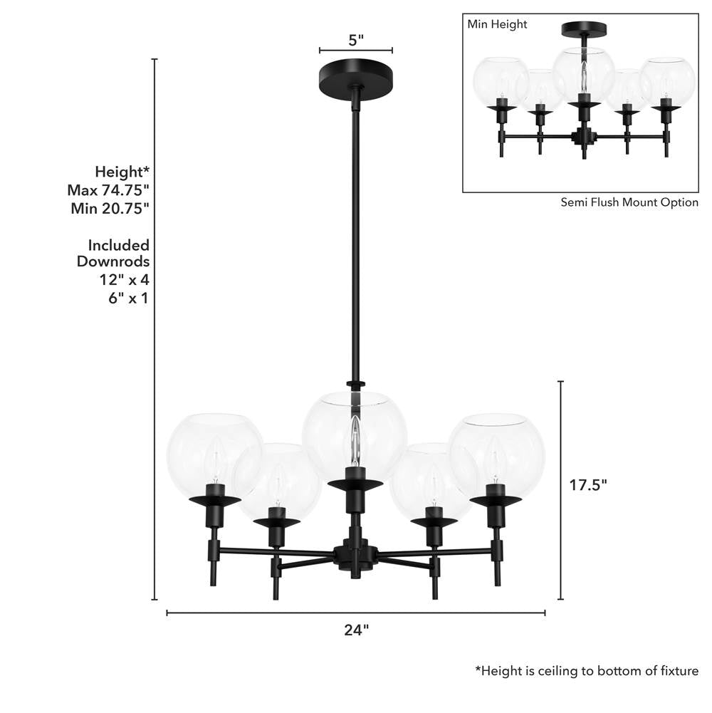 Hunter 19510 Matte Black Xidane Matte Black With Clear Glass 5 Light Chandelier Ceiling Light Fixture Image 3