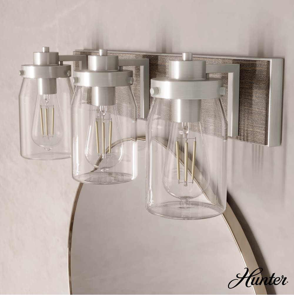 Hunter 48020 Brushed Nickel,Grey Wood Devon Park Brushed Nickel And Grey Wood With Clear Glass 3 Light Vanity Wall Light Fixture Image 4