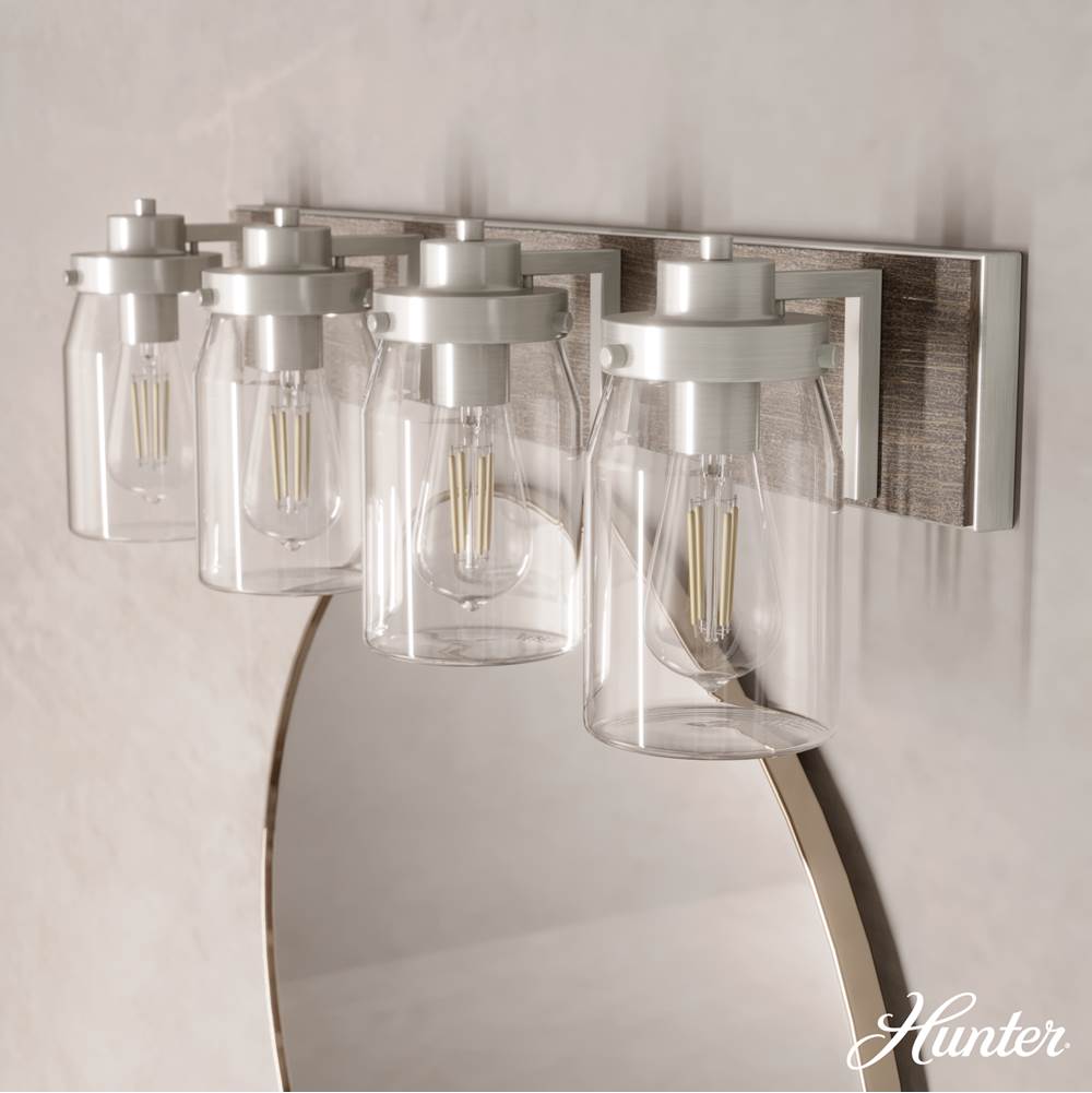 Hunter 48022 Brushed Nickel,Grey Wood Devon Park Brushed Nickel And Grey Wood With Clear Glass 4 Light Vanity Wall Light Fixture Image 4