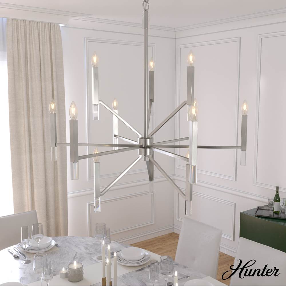 Hunter 19528 Brushed Nickel Hunter Sunjai Brushed Nickel 12 Light Chandelier Ceiling Light Fixture Image 5
