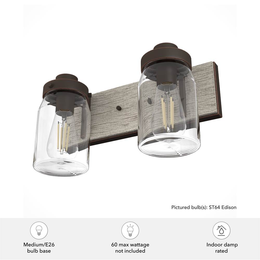 Hunter 48018 Onyx Bengal,Barnwood Devon Park Onyx Bengal And Barnwood With Clear Glass 2 Light Vanity Wall Light Fixture Image 2