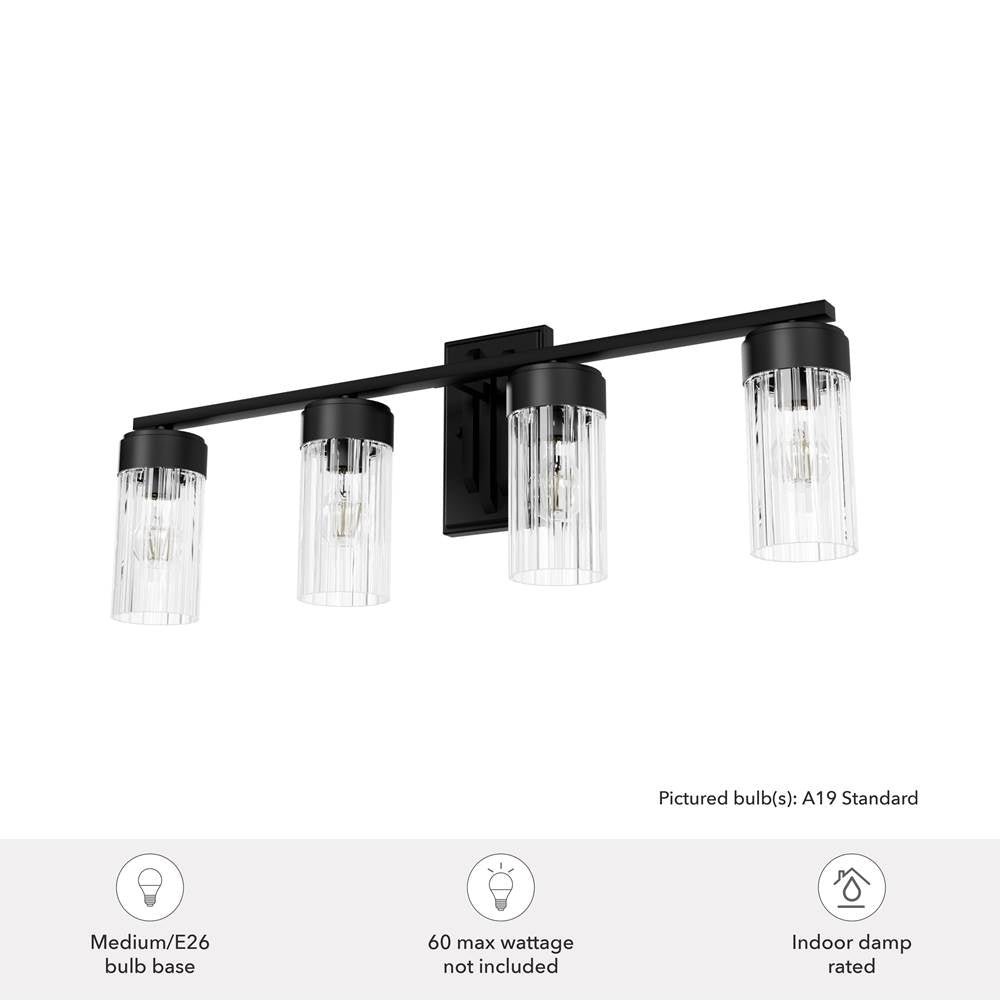 Hunter 45223 Matte Black Gatz Matte Black With Clear Fluted Glass 4 Light Bathroom Vanity Wall Light Fixture Image 2
