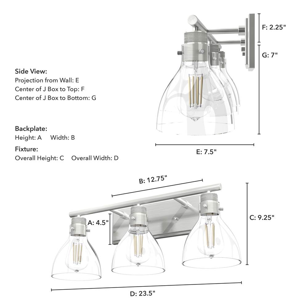 Hunter 48036 Brushed Nickel Van Nuys Brushed Nickel With Clear Glass 3 Light Vanity Wall Light Fixture Image 3