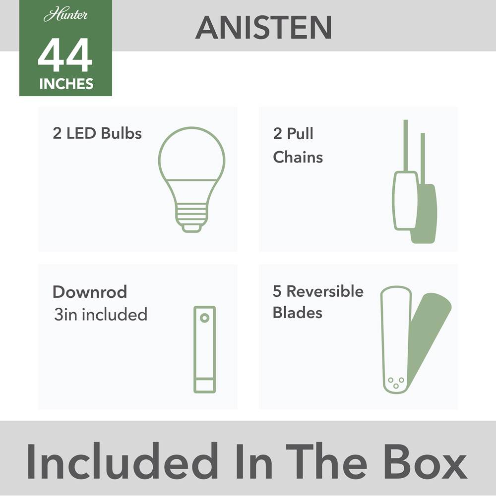 Hunter Anisten 44 Inch Anisten Matte Black Ceiling Fan With Led Light Kit And Pull Chain