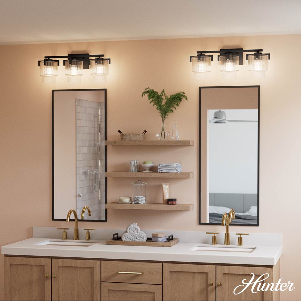 Hunter 13155 Matte Black Ontario Matte Black With Clear Glass 3 Light Bathroom Vanity Wall Light Fixture Image 3