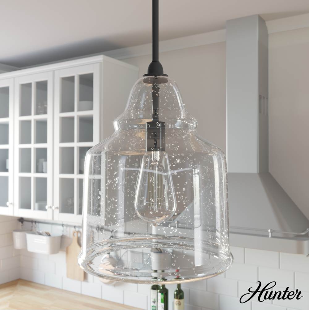 Hunter 19655 Noble Bronze Dunshire Bell Clear Seeded Glass 1 Light 12 Inch Medium Pendant Image 3