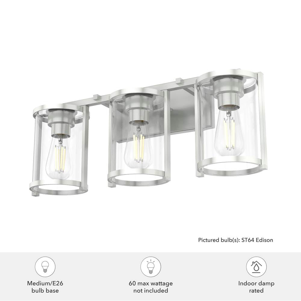 Hunter 48007 Brushed Nickel Astwood Brushed Nickel With Clear Glass 3 Light Vanity Wall Light Fixture Image 2