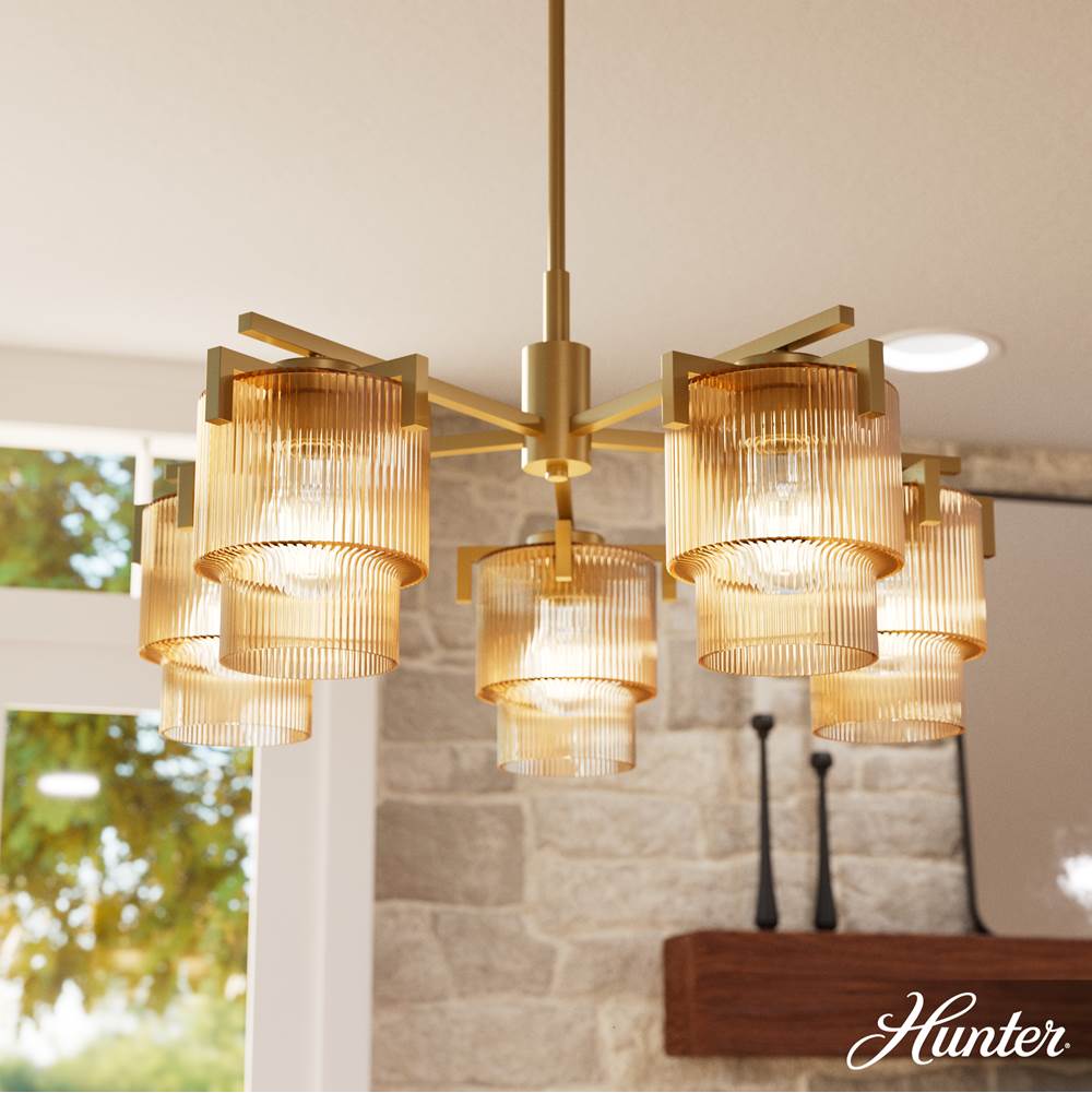 Hunter 13138 Luxe Gold Ontario Luxe Gold With Amber Glass 5 Light Chandelier Ceiling Light Fixture Image 4